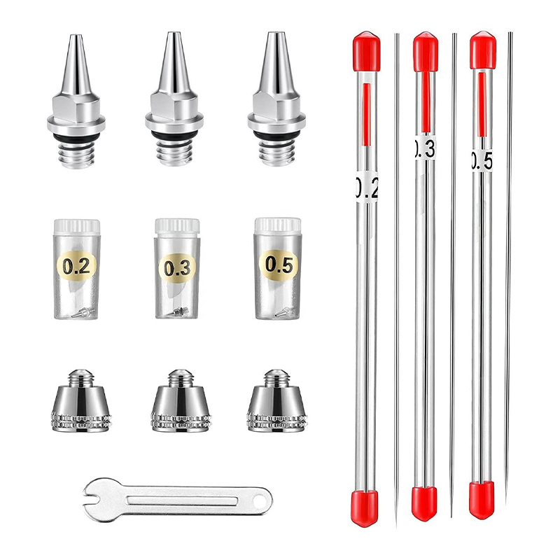 10 dijelova komplet za zamjenski dijelovi zračnih četkica s 0,2 mm, 0,3 mm i 0,5 mm mlaznice zračne četkice, igle, poklopce mlaznica i mini ključ za pribor za prskanje pištolja